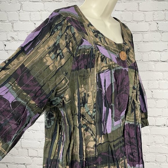 NWT Tantrums Green & Purple Rose Pleated Wood Buttoned 3/4 Sleeve Blouse Size 1X - Picture 6 of 14